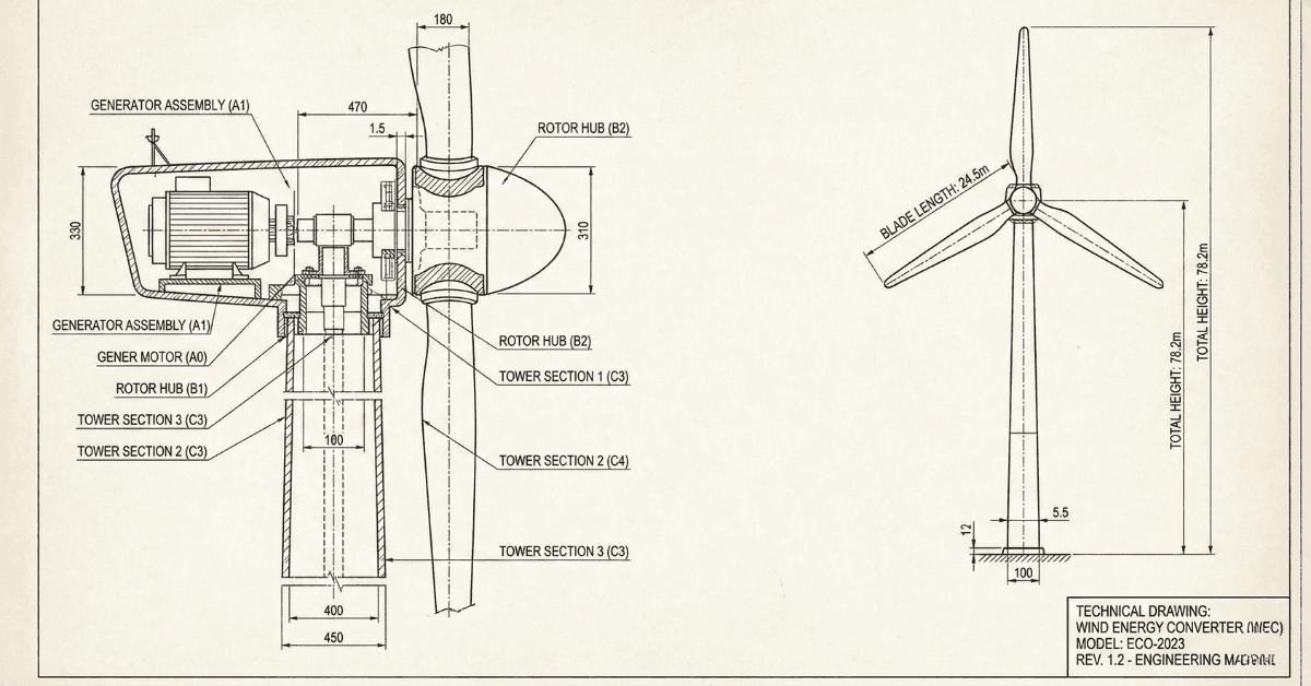 Technical drawing of a wind turbine with engineering annotations.